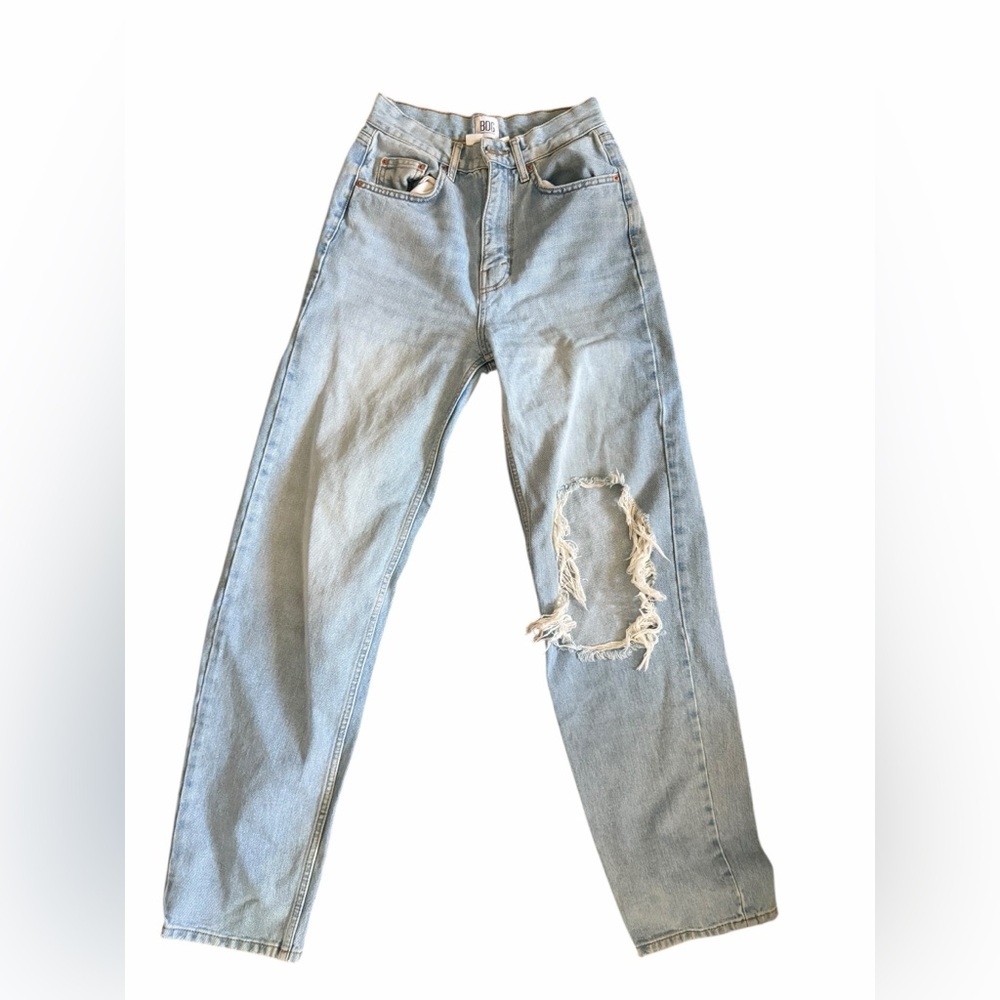 BDG High Rise Baggy Jeans Sz 26 Light Wash Distressed Ripped Butt Slit Y2K